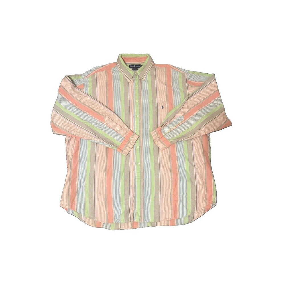 Vintage Ralph Lauren Big Shirt Men 2XL Pastel Colorblock Vertical Stripe Oxford
